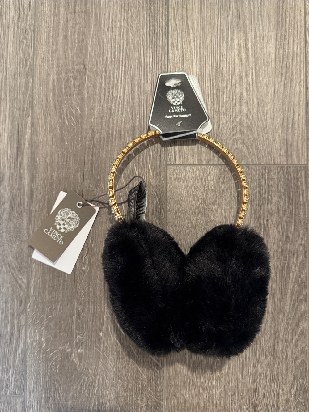 🆕 Vince Camuto Black Faux Fur Earmuffs with Gold-Tone Headband for Winter